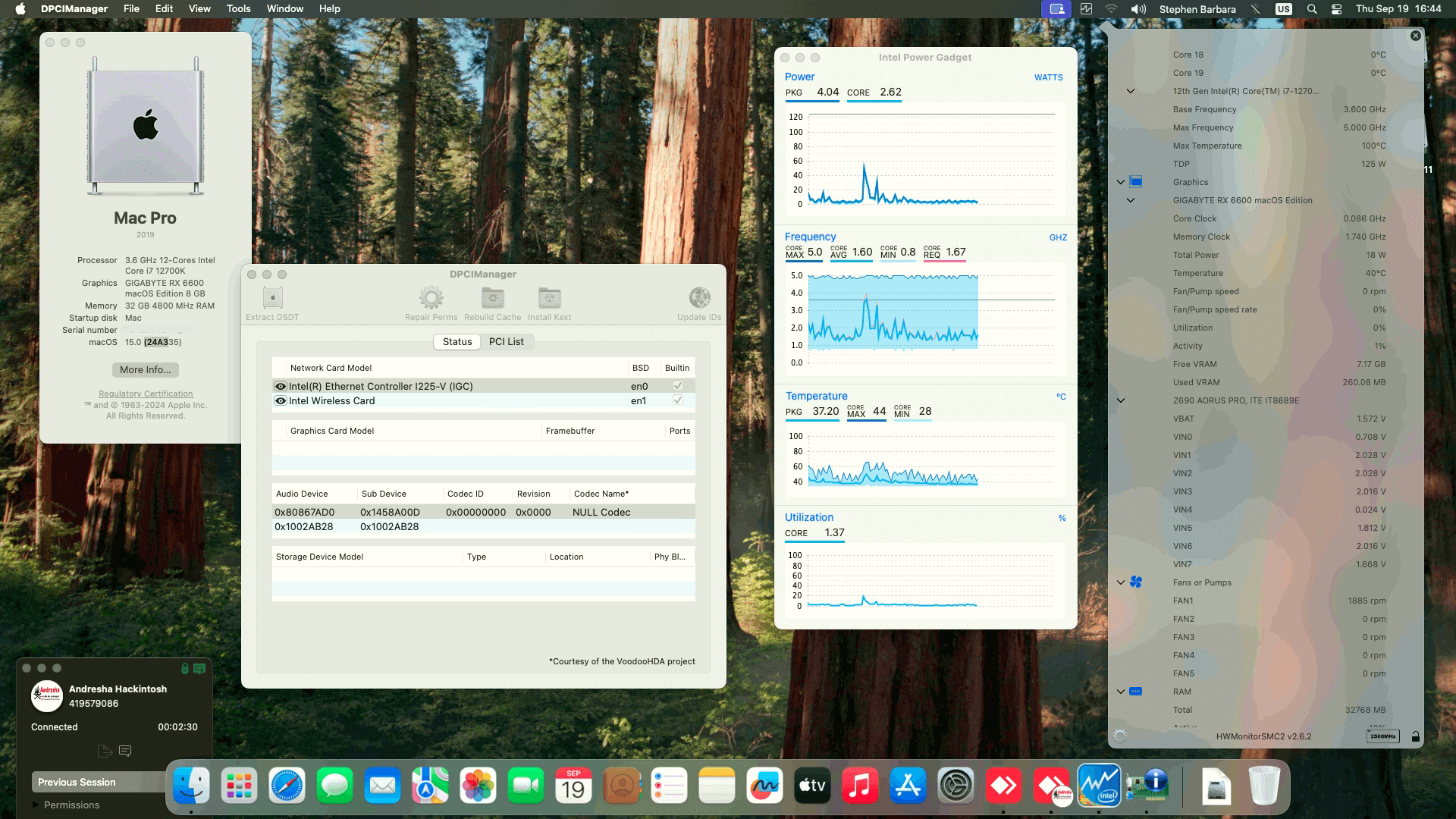 Success Hackintosh macOS Sequoia 15.0 Build 24A335 in Gigabyte Z690 Aorus Pro + Intel Core i7 12700K + Sapphire RX 6600